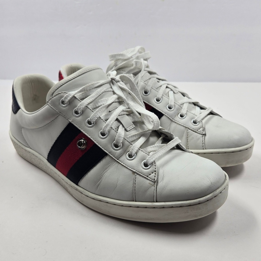 Gucci Ace Sneakers White Web Stripe Red Blue Heel Sz 9.5 Missing Detail - Picture 1 of 11